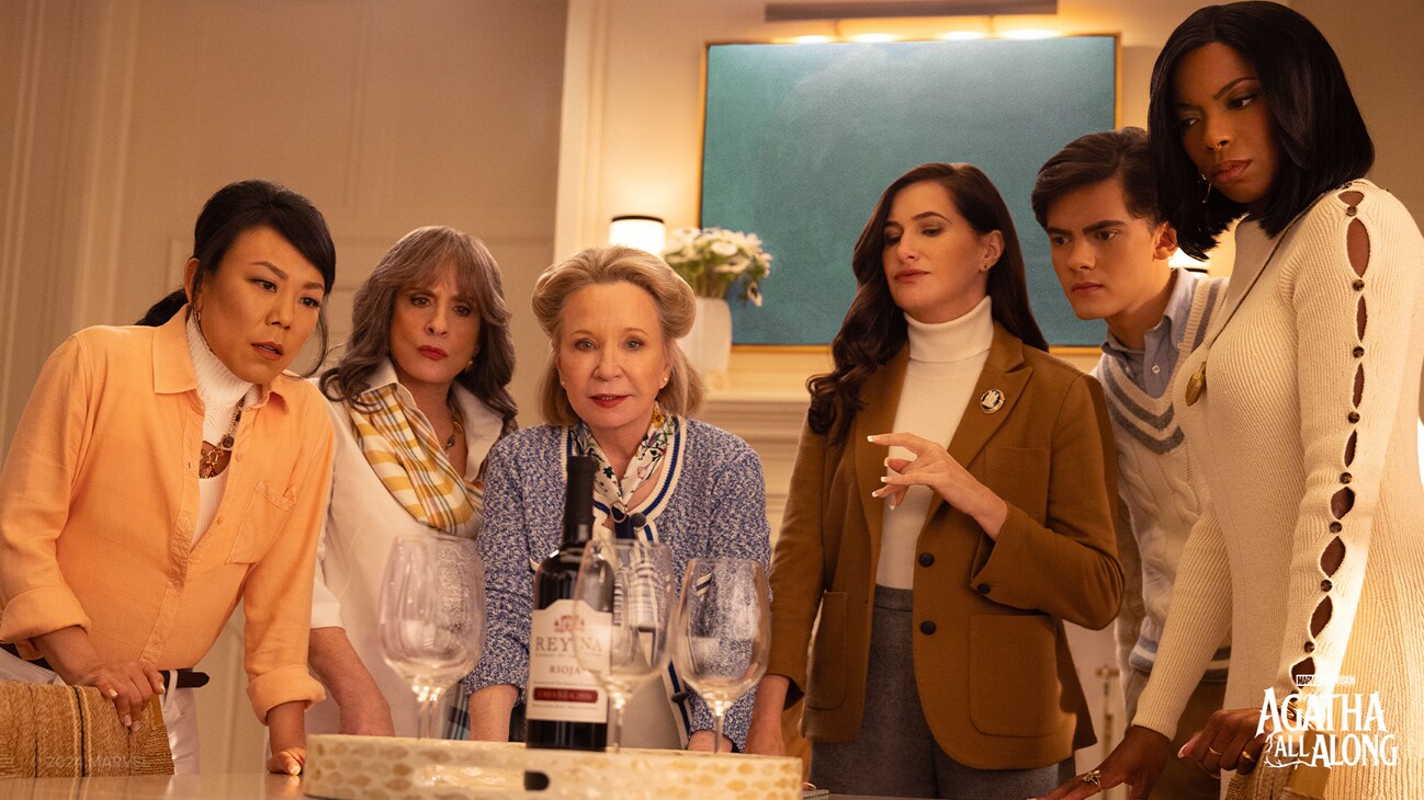 (L-R): Alice Wu-Gulliver (Ali Ahn), Lilia Calderu (Patti LuPone), Mrs. Hart/Sharon Davis (Debra Jo Rupp), Agatha Harkness (Kathryn Hahn), Teen (Joe Locke) and Jennifer Kale (Sasheer Zamata) in Marvel Television's AGATHA ALL ALONG, exclusively on Disney +. Photo by Chuck Zlotnick. © 2024 MARVEL.