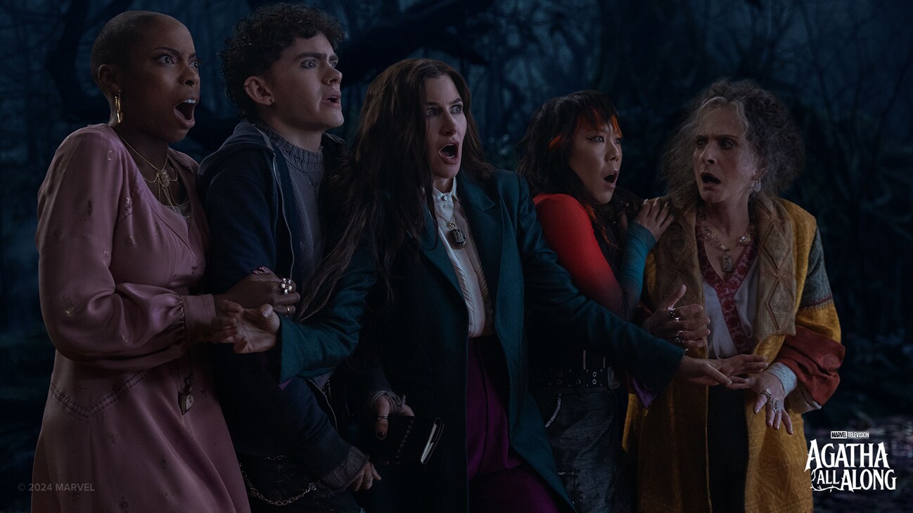 (L-R) Jennifer Kale (Sasheer Zamata), Teen (Joe Locke), Agatha Harkness (Kathryn Hahn), Alice Wu-Gulliver (Ali Ahn), and Lilia Calderu (Patti LuPone) in Marvel Television's AGATHA ALL ALONG, exclusively on Disney+. Photo by Chuck Zlotnick. © 2024 MARVEL.