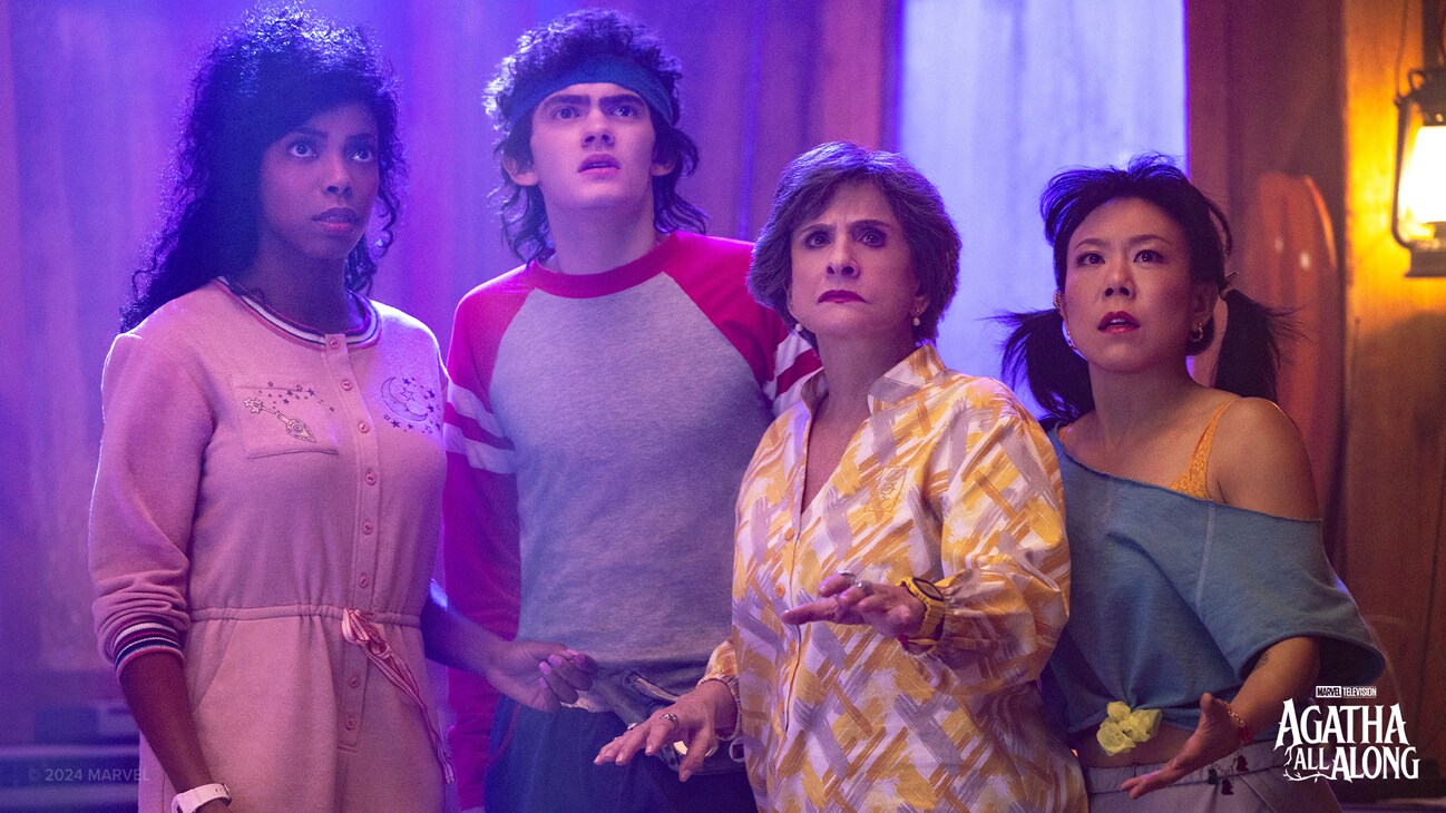 (L-R) Jennifer Kale (Sasheer Zamata), Teen (Joe Locke), Lilia Calderu (Patti LuPone) and Alice Wu-Gulliver (Ali Ahn) in Marvel Television's AGATHA ALL ALONG, exclusively on Disney+. Photo by Chuck Zlotnick. © 2024 MARVEL.