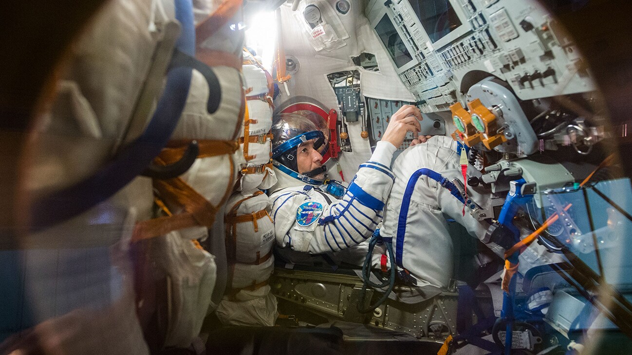 AMONG THE STARS - (July 5, 2019) - At the Baikonur Cosmodrome in Kazakhstan, Expedition 60 crewmember Luca Parmitano of the European Space Agency works procedures inside his Soyuz spacecraft July 5 as part of pre-launch activities.Parmitano, Drew Morgan of NASA and Alexander Skvortsov of Roscosmos will launch July 20 on the Soyuz MS-13 spacecraft from the Baikonur Cosmodrome for a mission on the International Space Station. (Andrey Shelepin/GCTC)  LUCA PARMITANO