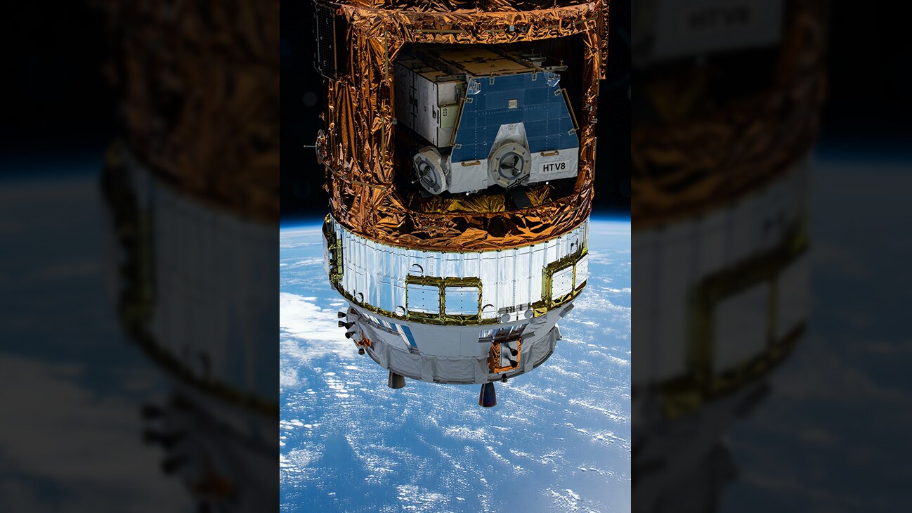 AMONG THE STARS - (June 13, 2020) - Japan's H-II Transfer Vehicle-9 (HTV-9) contains the HTV-8 pallet holding old nickel-hydrogen batteries removed from the station during previous spacewalks. The International Space Station was orbiting above the Pacific Ocean halfway between Hawaii and California when this photograph was taken by an Expedition 63 crew member.  (NASA)