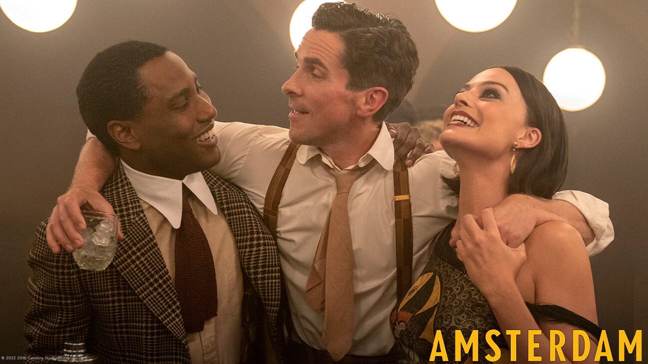 Actors Christian Bale, Margot Robbie, and John David Washington from the 20th Century Studios movie, "Amsterdam", in theaters November 4, 2022.