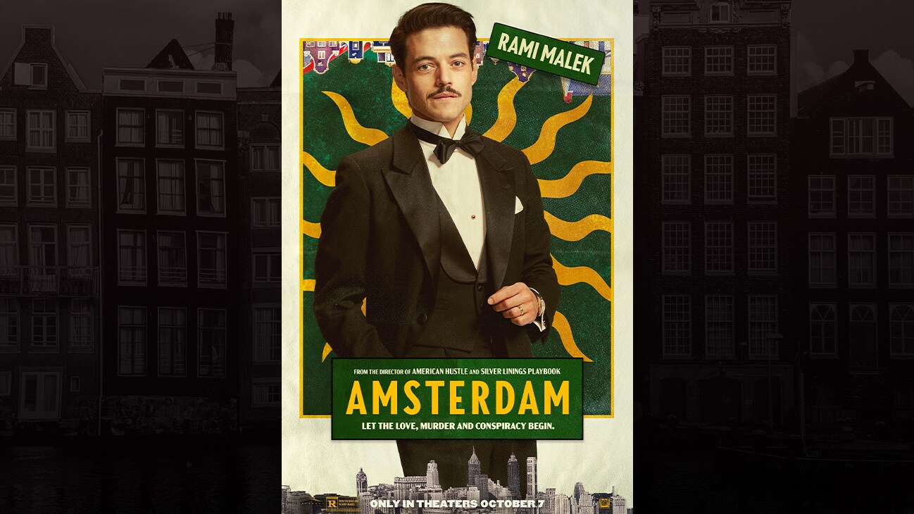Rami Malek | From the director of American Hustle and Sliver Linings Playbook | Amsterdam | Let the love, murder and conspiracy begin. | Only in theaters October 7 | movie poster