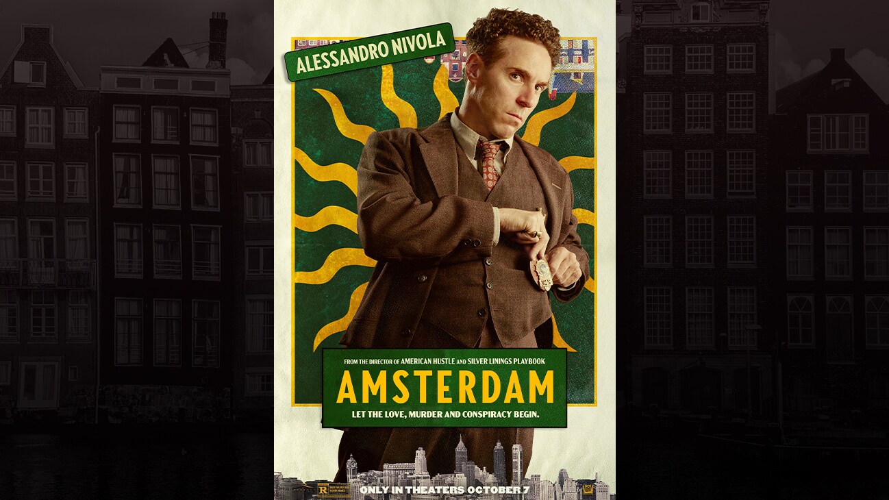 Alessandro Nivola | From the director of American Hustle and Sliver Linings Playbook | Amsterdam | Let the love, murder and conspiracy begin. | Only in theaters October 7 | movie poster
