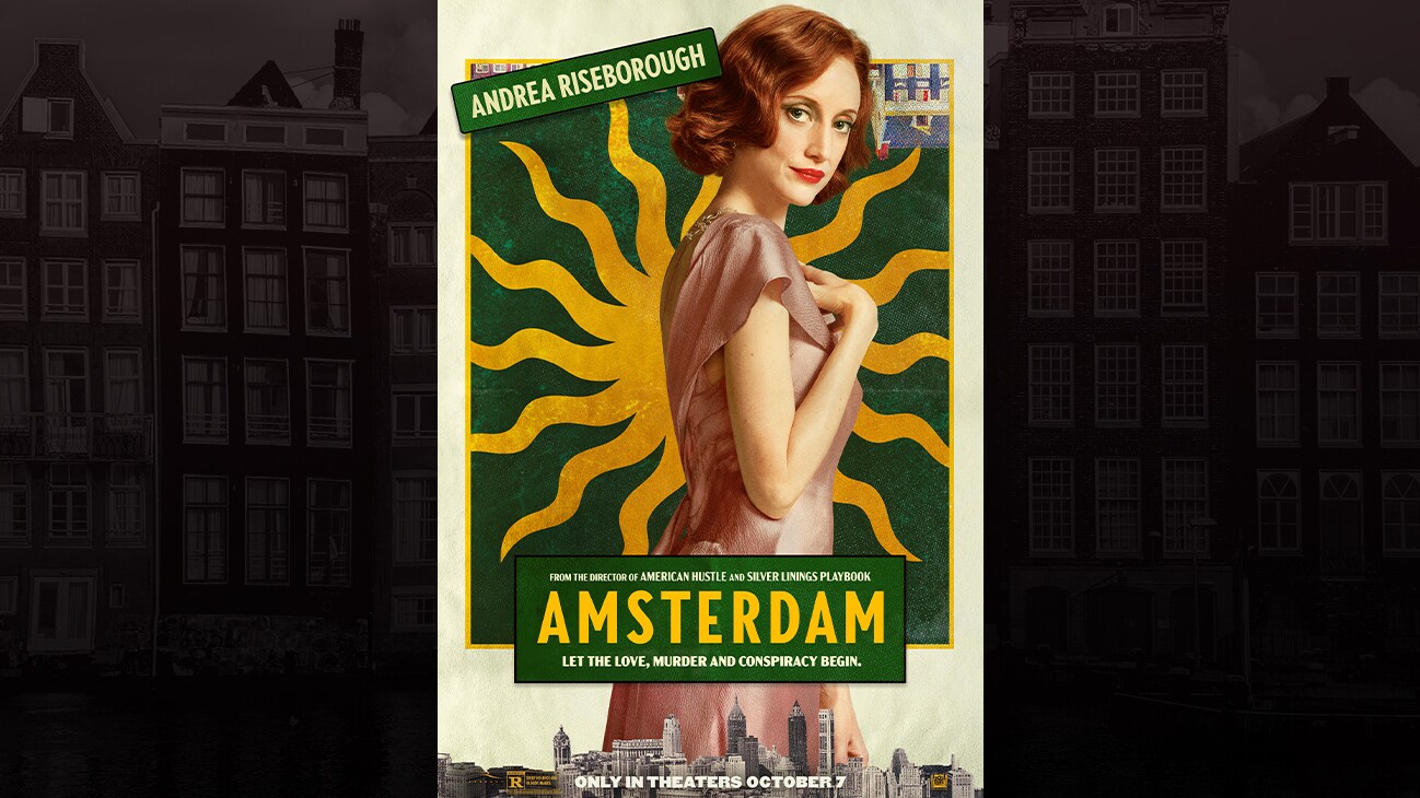 Andrea Riseborough | From the director of American Hustle and Sliver Linings Playbook | Amsterdam | Let the love, murder and conspiracy begin. | Only in theaters October 7 | movie poster