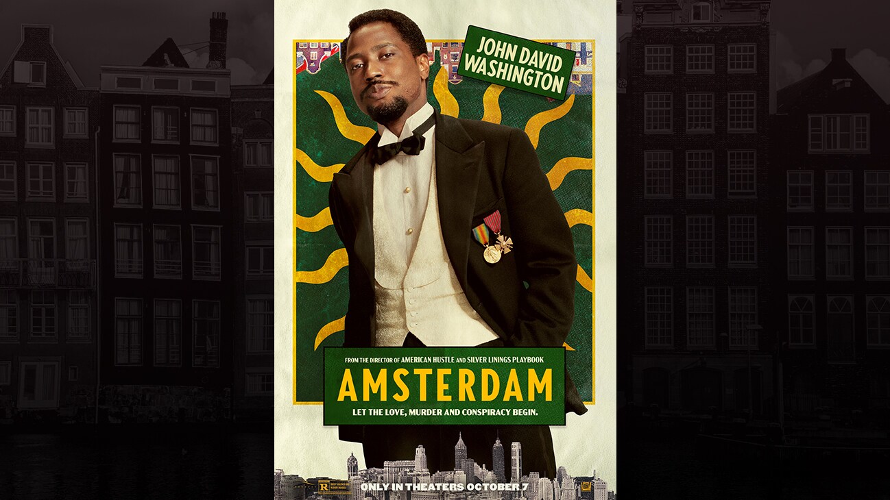 John David Washington | From the director of American Hustle and Sliver Linings Playbook | Amsterdam | Let the love, murder and conspiracy begin. | Only in theaters October 7 | movie poster