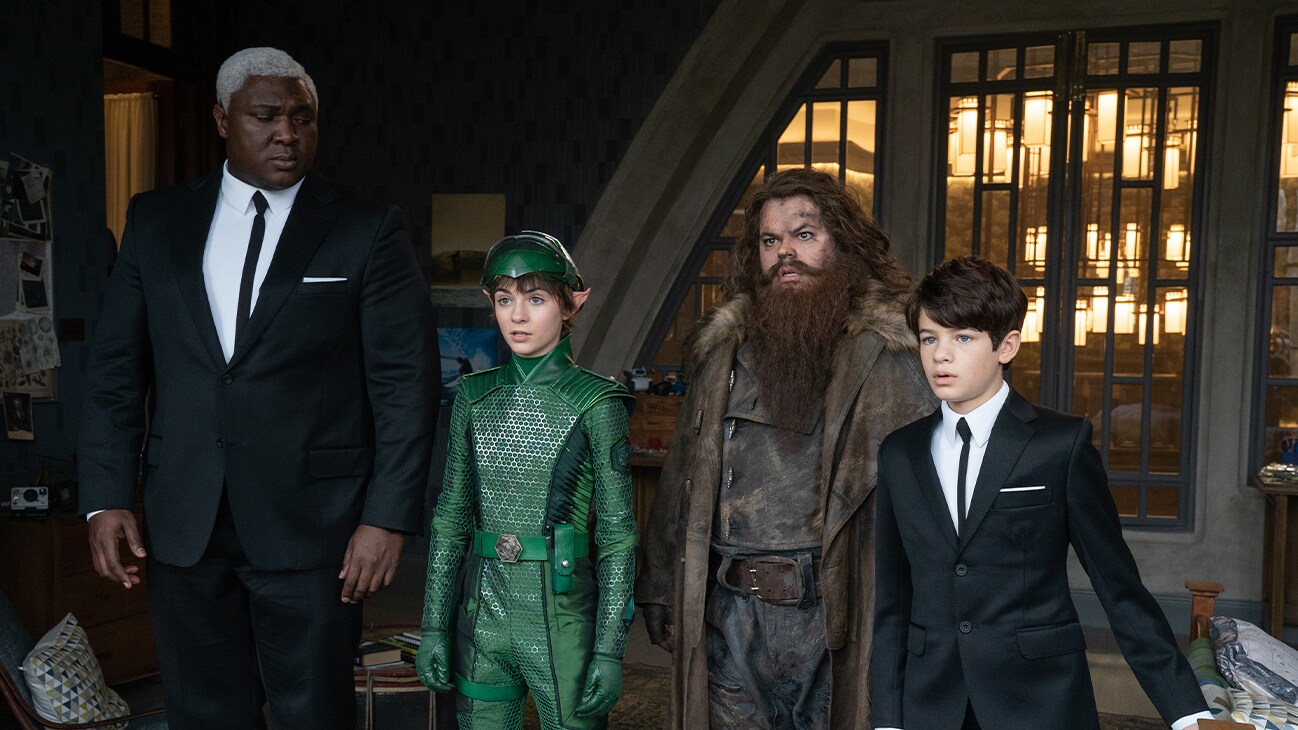 Nonso Anozie as Butler, Lara McDonnell as Holly Short, Josh Gad as Mulch Diggums and Ferdia Shaw as Artemis Fowl in the movie ARTEMIS FOWL.