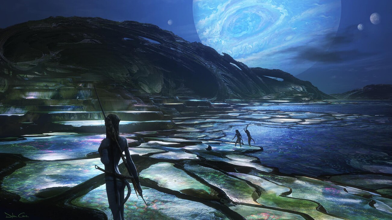 Several Na'vi wade in the pools of a reef, with Polyphemus looming in the night sky above.