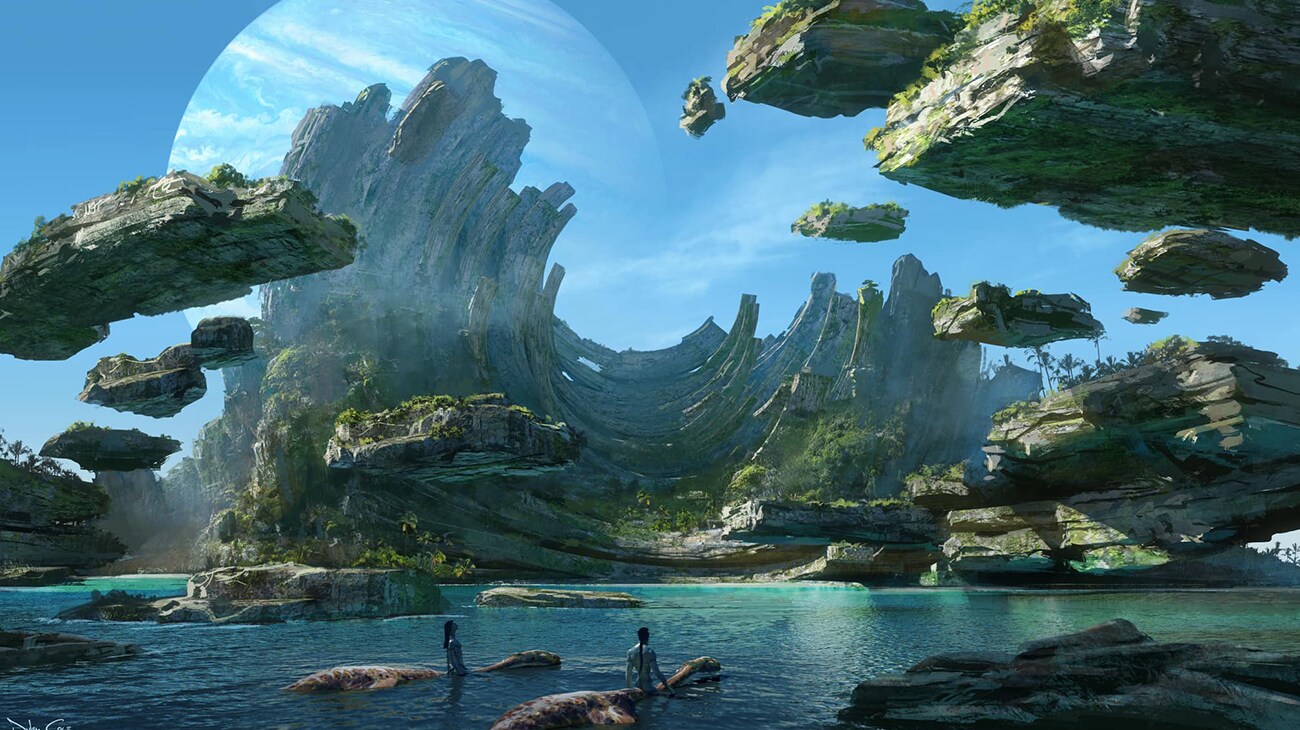 Two Na'vi look up to the towering rock formations of the Cove of the Ancestors.