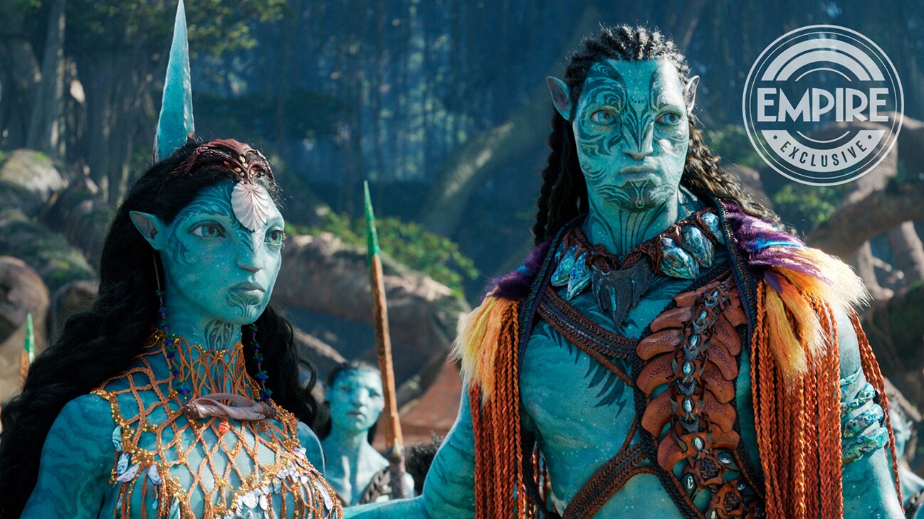 Image of two characters on a gathering from the 20th Century Studios movie Avatar: The Way of Water.