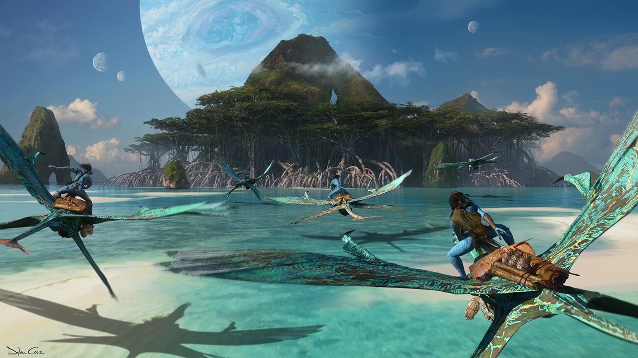 A group of Na'vi riding mountain banshees towards the rainforest.