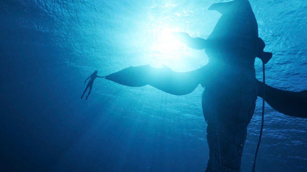 A Na'vi holds onto the fin of a tulkun underwater.