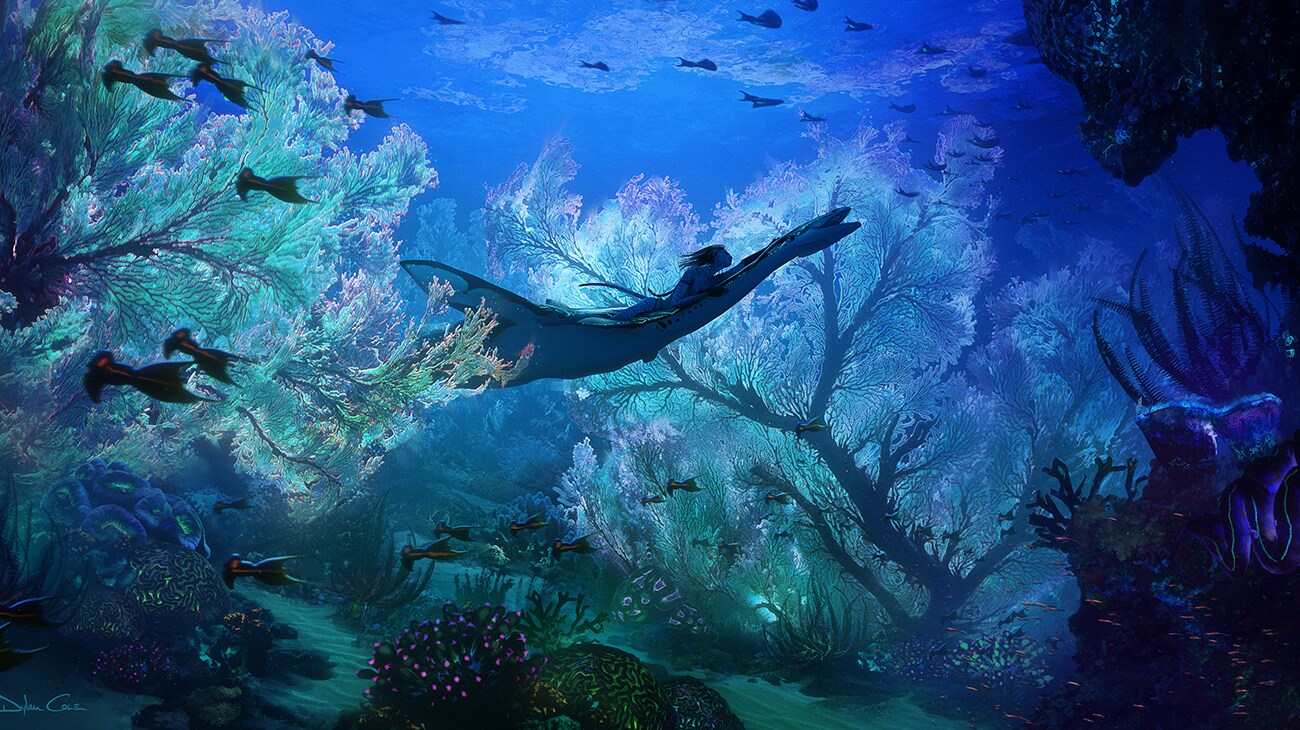 A Na'vi rides an ilu through the reef, surrounded by underwater plants and creatures.