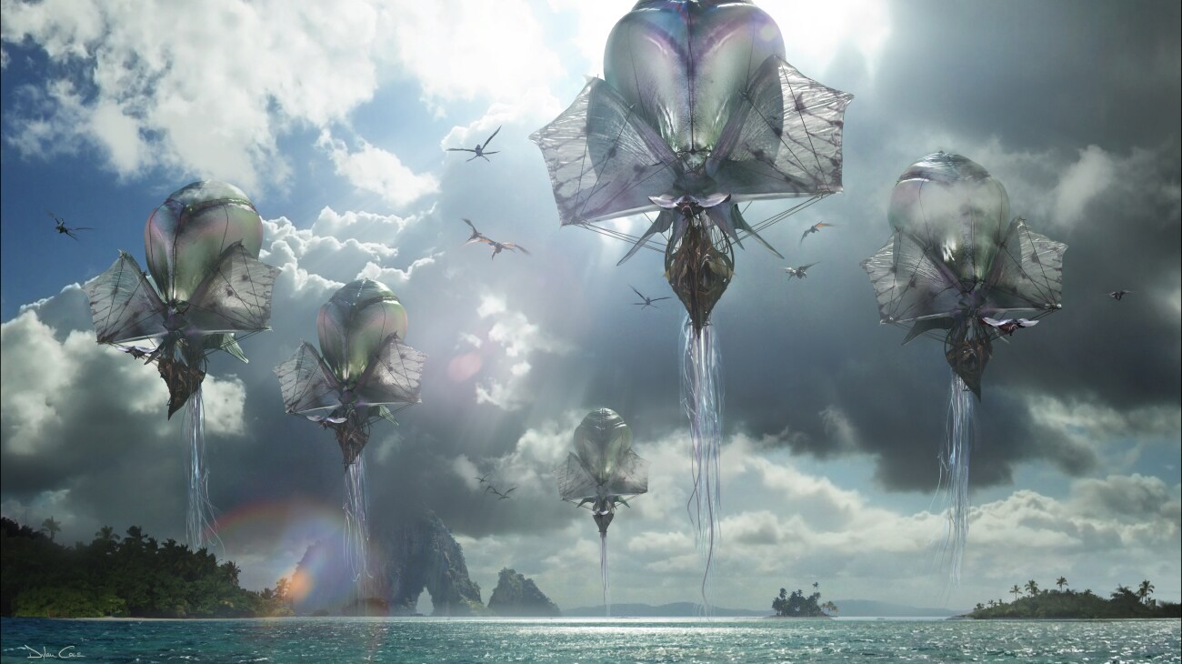 Huge, balloon-like vehicles take to the skies over an ocean.