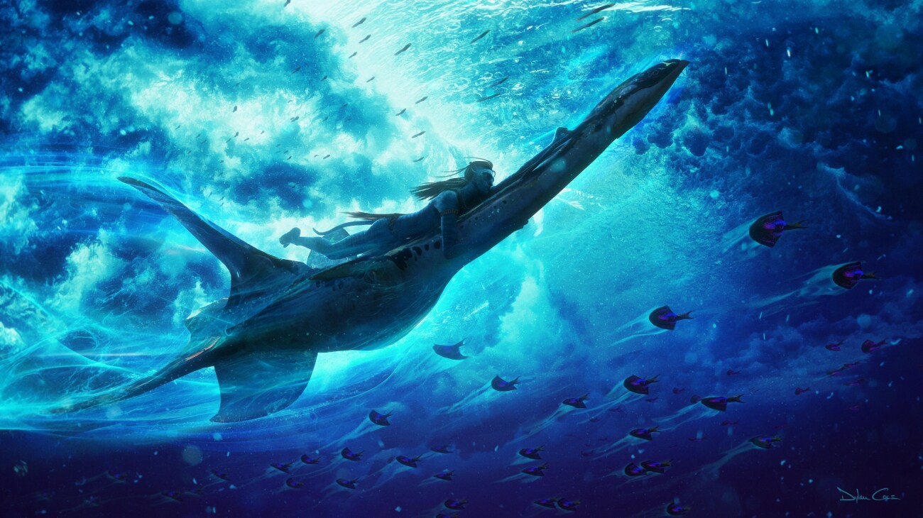 A Na'vi rides an ilu underwater.