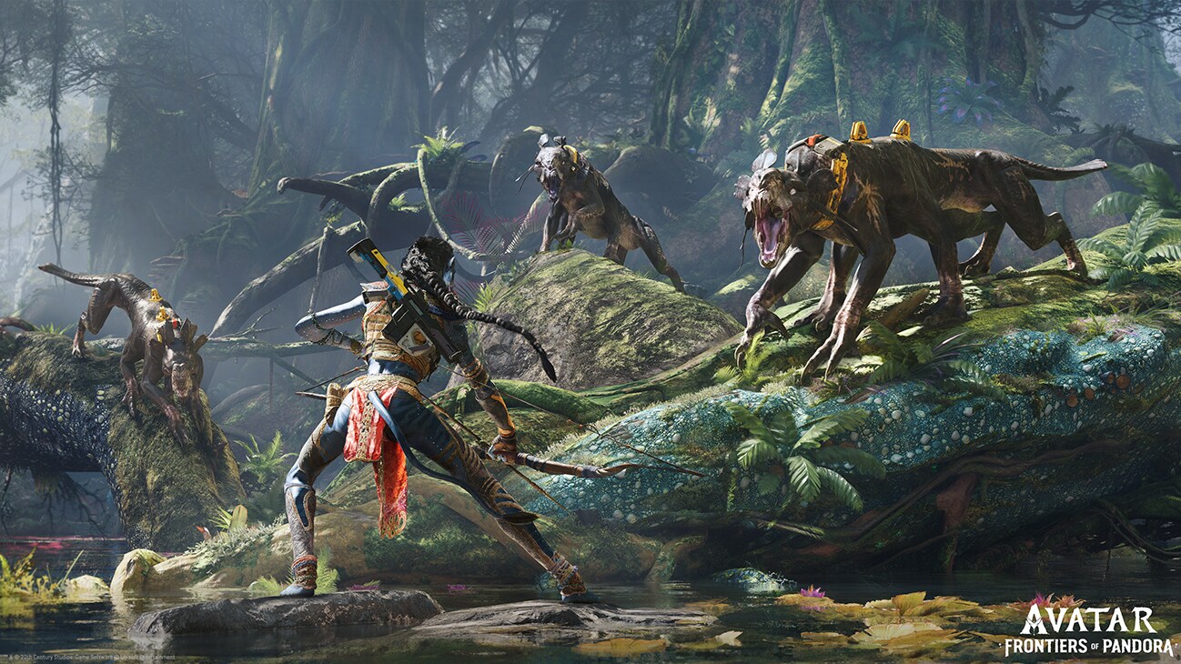 A Na'vi with with bow in hand facing three thanators from the game "Avatar: Frontiers of Pandora."