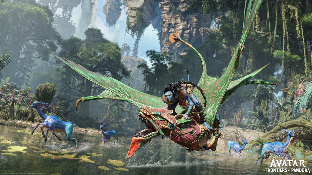 A Na'vi riding a mountain banshee from the game "Avatar: Frontiers of Pandora."