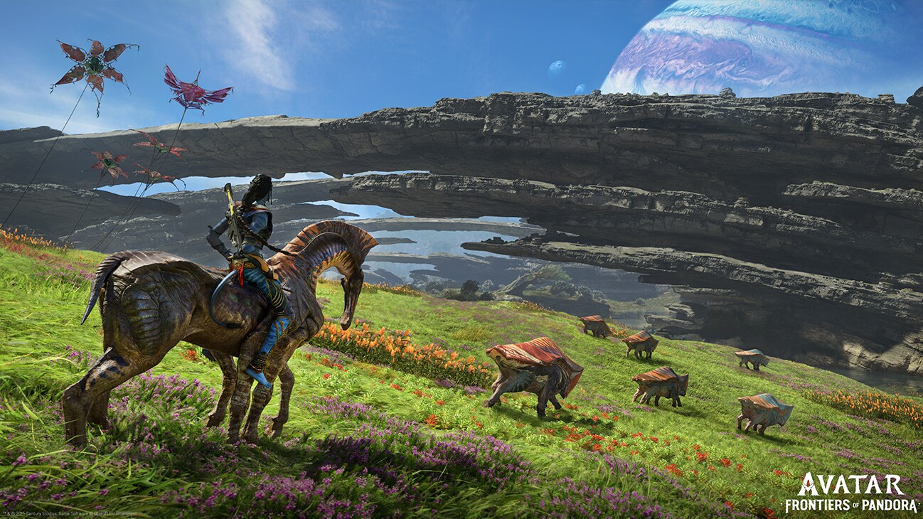 A Na'vi on a direhorse overlooking a plain from the game "Avatar: Frontiers of Pandora."