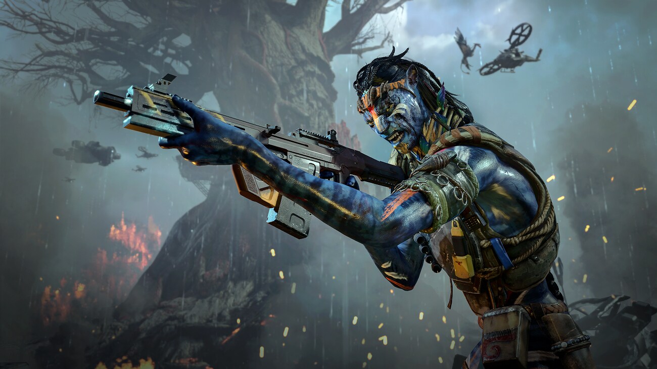 So'lek aims a weapon offscreen, surrounded by a smoky forest with ash raining down.