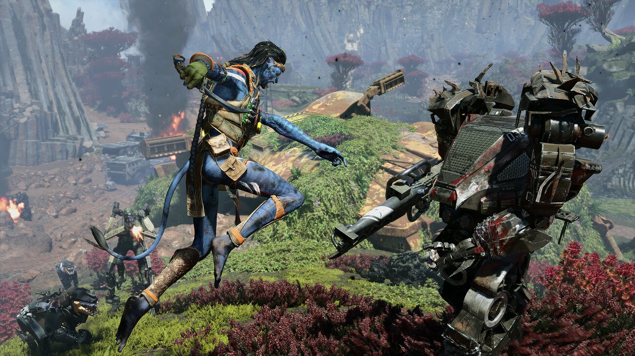 So'lek jumps from a height, heading towards an Amplified Mobility Platform.