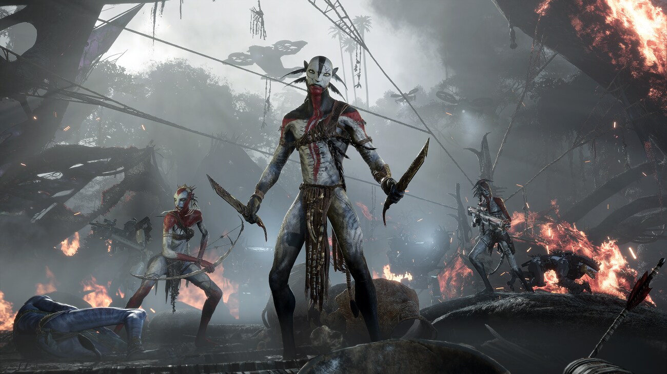Members of the Ash clan pose menacingly with their weapons in the middle of a smoky forest.