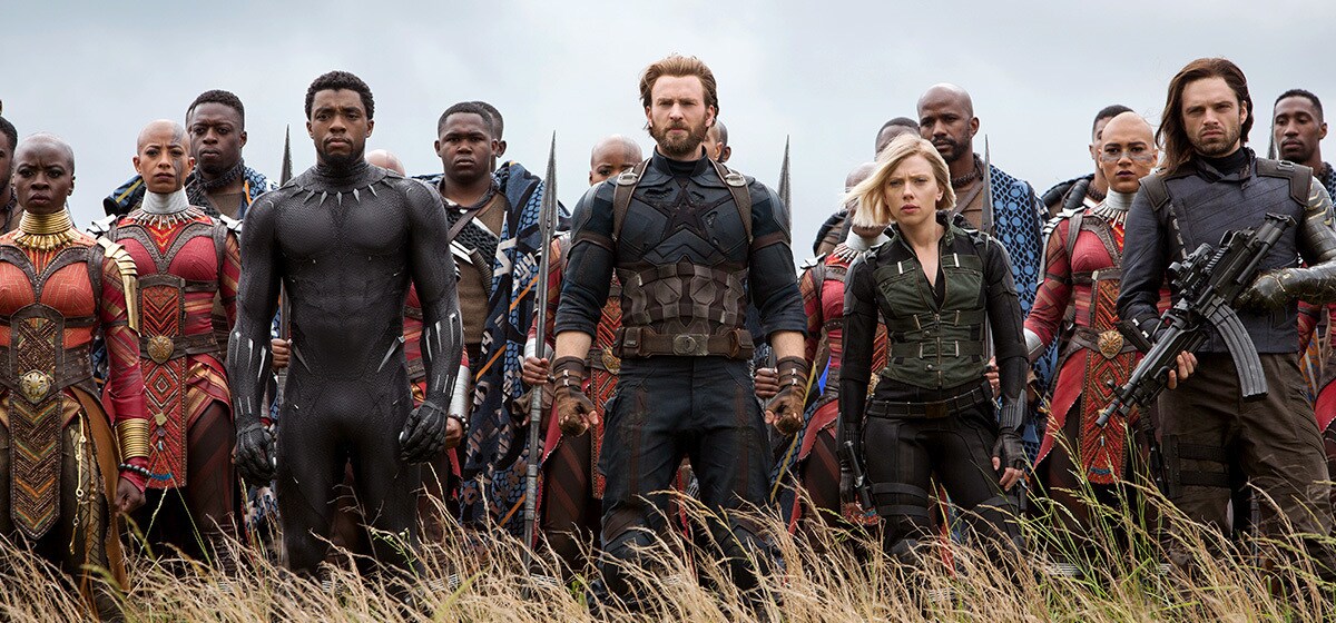 Danai Gurira as Okoye, Chadwick Boseman as Black Panther, Chris Evans as Captain America, Scarlett Johansson as Black Widow, and Sebastian Stan as Winter Soldier ready for action in Avenergs: Infinity War