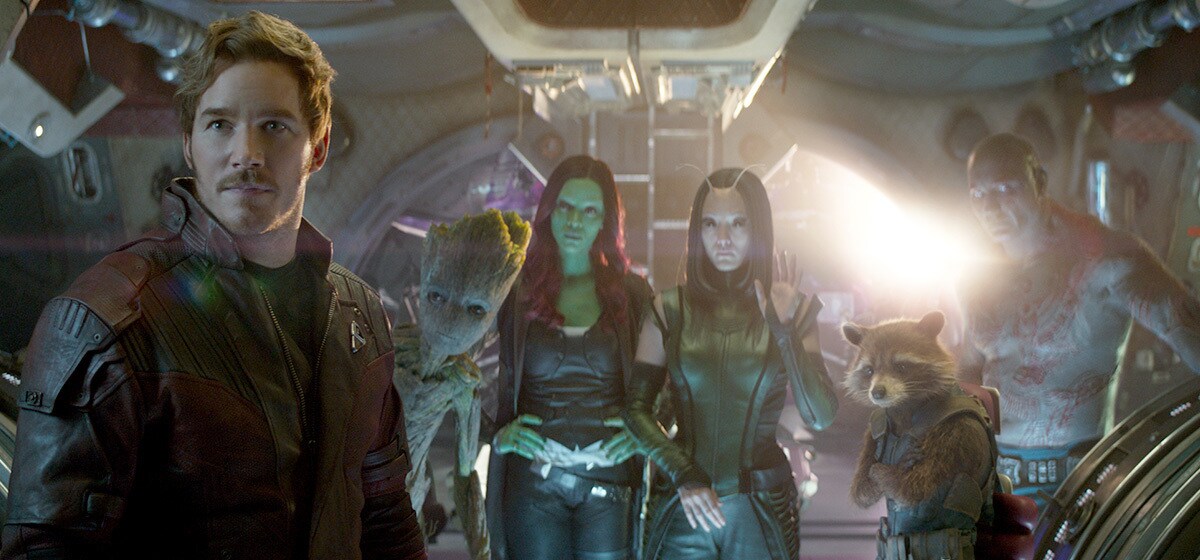 Chris Pratt as Star-Lord, Zoe Saldana as Gamora, Pom Klementieff as Mantis, and Bradley Cooper as Rocket  in Avenergs: Infinity War