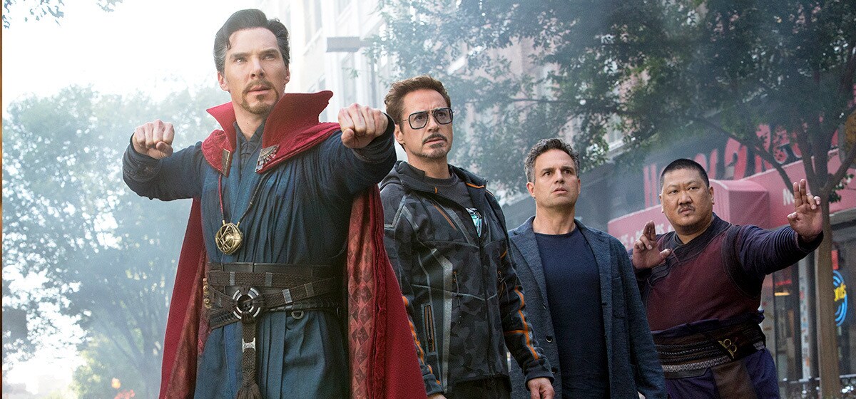 Benedict Cumberbatch as Dr. Strange, Robert Downey Jr. as Iron-Man, Mark Ruffalo as Hulk, and Benedict Wong as Wong in Avenergs: Infinity War