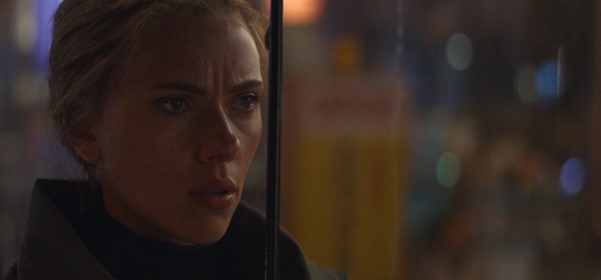 Scarlett Johansson, who plays Black Widow/Natasha Romanoff, looking sternly in Avenger's Endgame