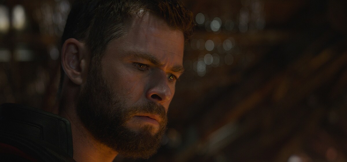 Chris Hemsworth, who plays Thor, looking sternly in Avenger's Endgame 