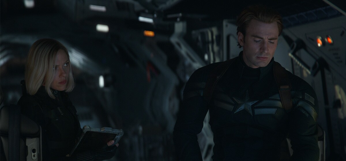 Scarlett Johansson, who plays Black Widow, and Chris Evans, who plays Captain America, in Avengers: Endgame