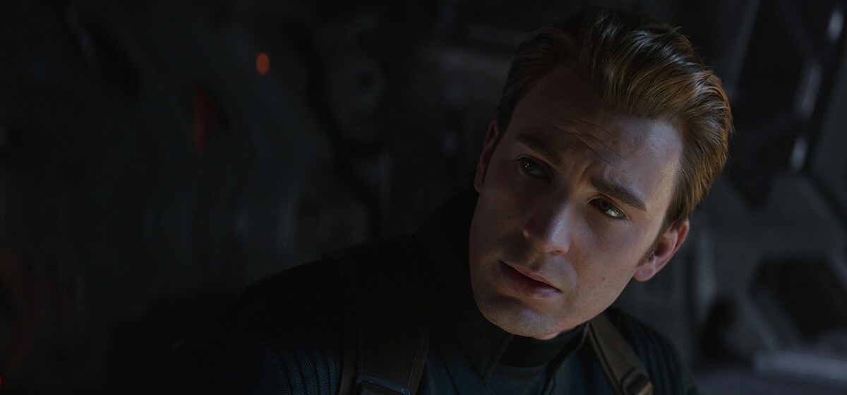 Chris Evans as Steve Rogers/Captain America looking stoicly in Avenger's Endgame