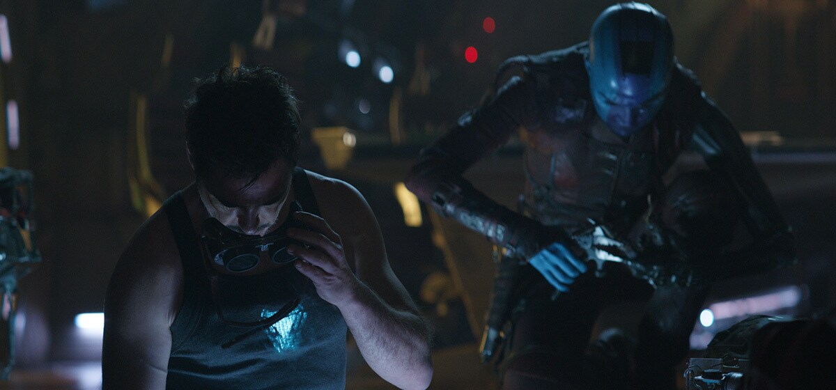 Robert Downey Jr. as Tony Stark and Karen Gillan as Nebula in Avengers: Endgame