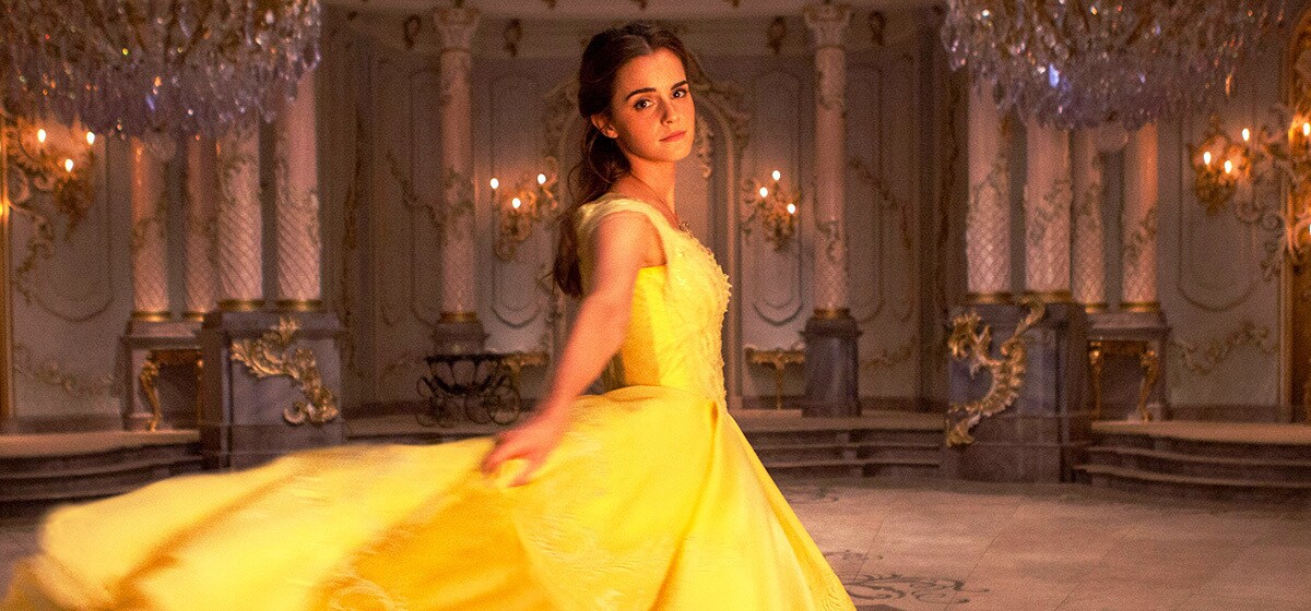 Emma Watson (as Belle) wearing her yellow ball gown in the movie "Beauty and the Beast"