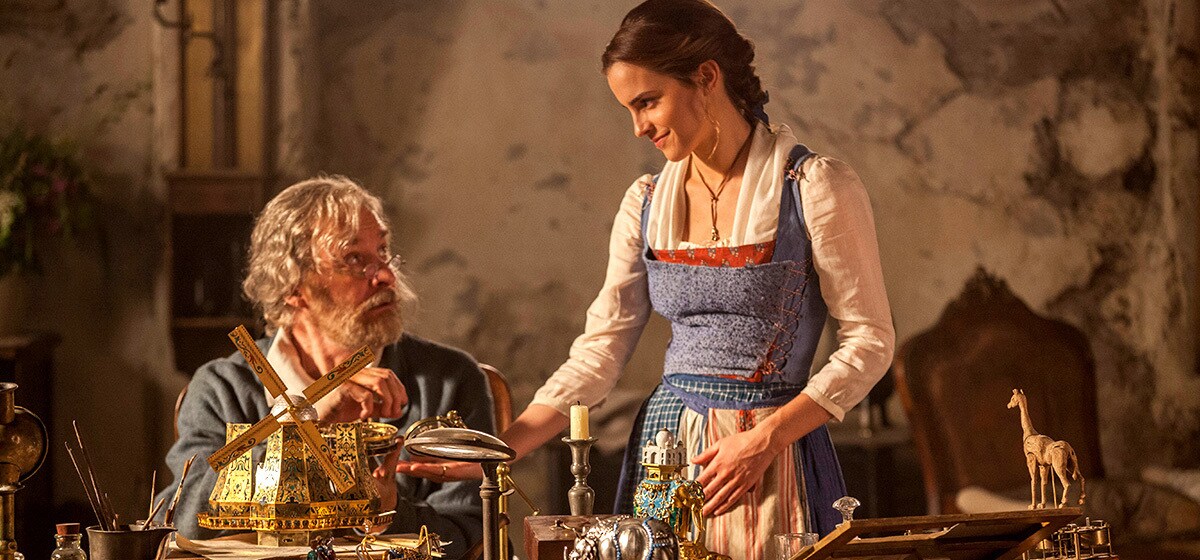 Kevin Kline (as Maurice) and Emma Watson (as Belle) in their home  in "Beauty and the Beast"