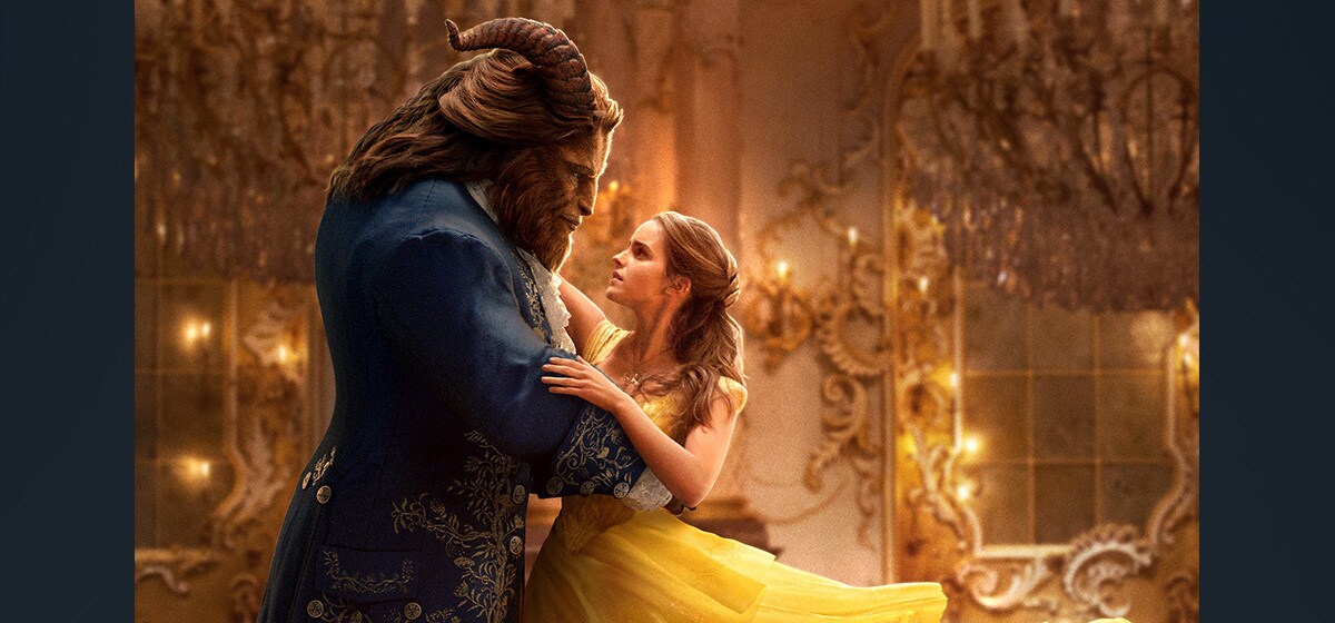 Emma Watson (as Belle) and Dan Stevens (as Beast) dancing in the movie "Beauty and the Beast"