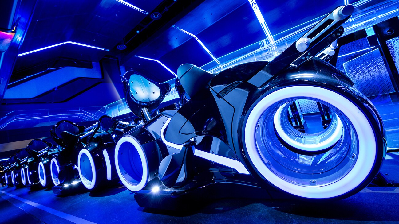 Image of light cycles in Space Mountain.