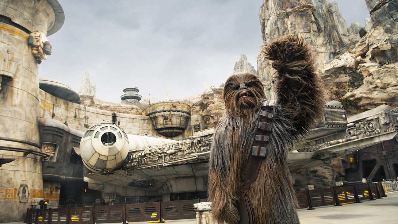 Image of Chewbacca in front the Millenium Falcon at Star Wars: Galaxy's Edge.