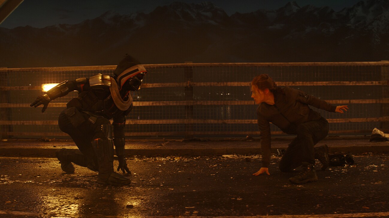 (L-R):Taskmaster and Black Widow/Natasha Romanoff (Scarlett Johansson) in Marvel Studios' BLACK WIDOW, in theaters and on Disney+ with Premier Access. Photo courtesy of Marvel Studios. ©Marvel Studios 2021. All Rights Reserved.