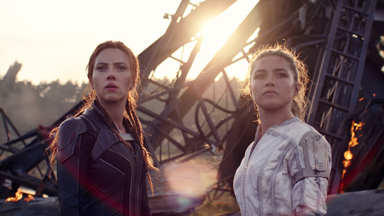 (L-R): Black Widow/Natasha Romanoff (Scarlett Johansson) and Yelena (Florence Pugh) in Marvel Studios' BLACK WIDOW, in theaters and on Disney+ with Premier Access. Photo courtesy of Marvel Studios. ©Marvel Studios 2021. All Rights Reserved.