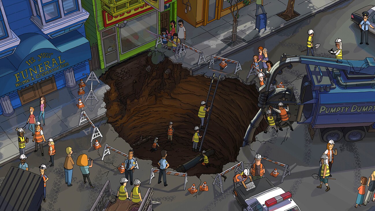 Characters standing over a large hole in a street from the 20th Century Studios movie "The Bob's Burgers Movie".