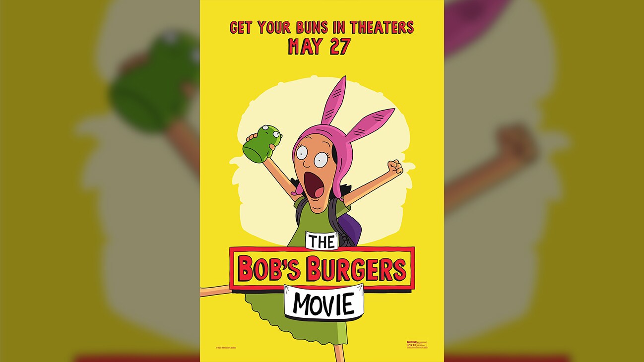 Get your buns in theaters May 27 | The Bob's Burgers Movie | Poster image of Louise Belcher (voice of Kristen Schaal) from the 20th Century Studios movie "The Bob's Burgers Movie".