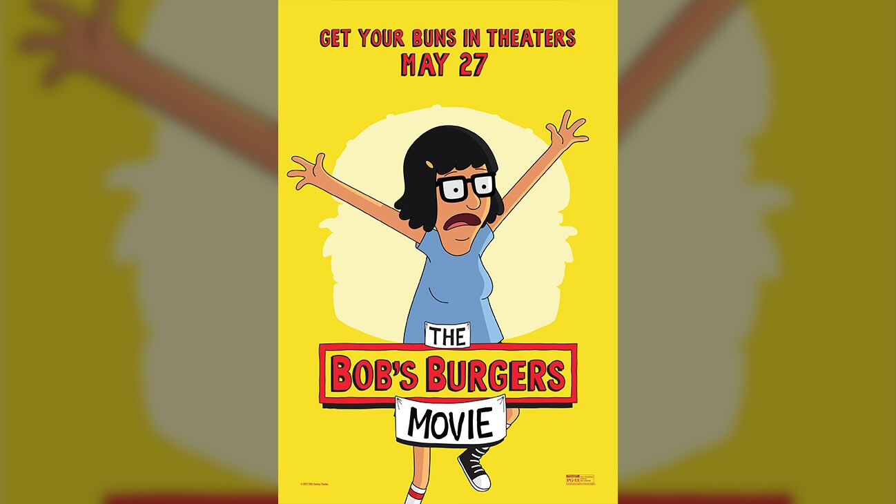 Get your buns in theaters May 27 | The Bob's Burgers Movie | Poster image of Tina Belcher (voice of Dan Mintz) from the 20th Century Studios movie "The Bob's Burgers Movie".