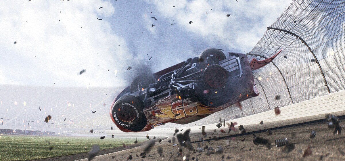 Owen Wilson as Lightning McQueen getting into an accident and flipping in Cars 3