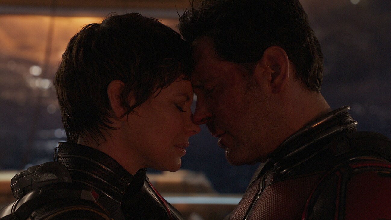 (L-R) Hope (actor Evangeline Lilly) and Scott (actor Paul Rudd) rest their heads against each other.