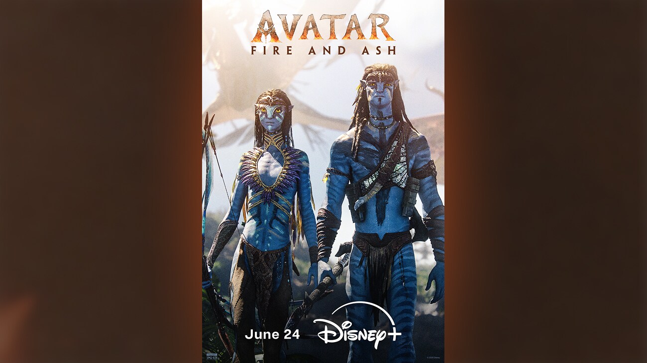 Image of (L-R) Neytiri (Zoe Saldaña) and Jake Sully (Sam Worthington) standing together staring solemnly into the distance. | Avatar: Fire and Ash | June 24 | Disney+ | Rated PG-13 | movie poster