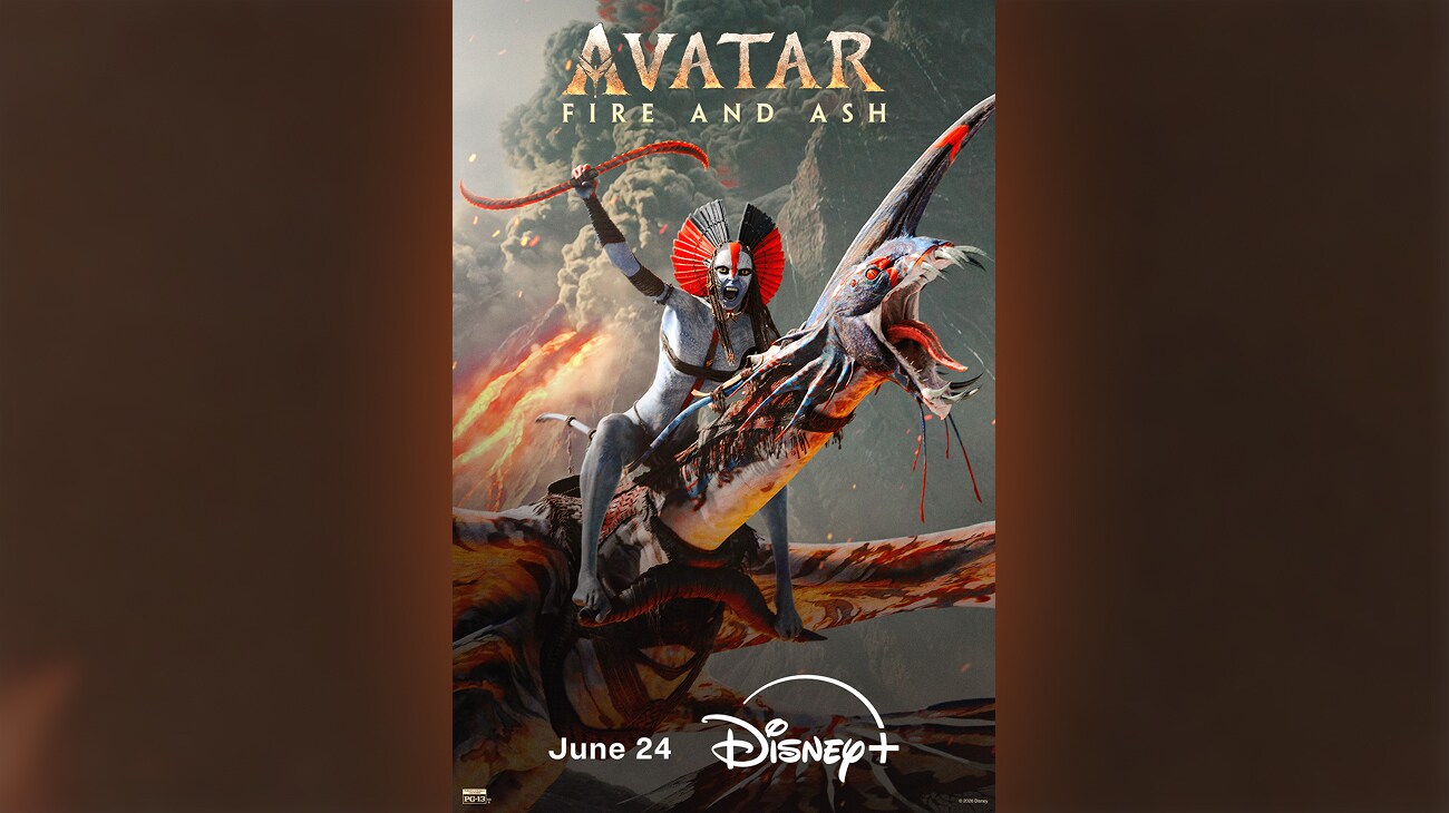 Image of Varang (actor Oona Chaplin) riding a Nightwraith. She is holding a weapon with a raised arm. | Avatar: Fire and Ash | June 24 | Disney+ | PG-13 | movie poster