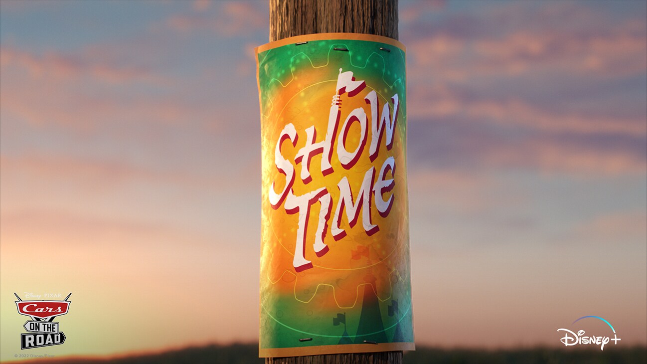 Disney•Pixar | Cars on the Road | "Show Time" title poster stapled to a telephone pole | Disney+
