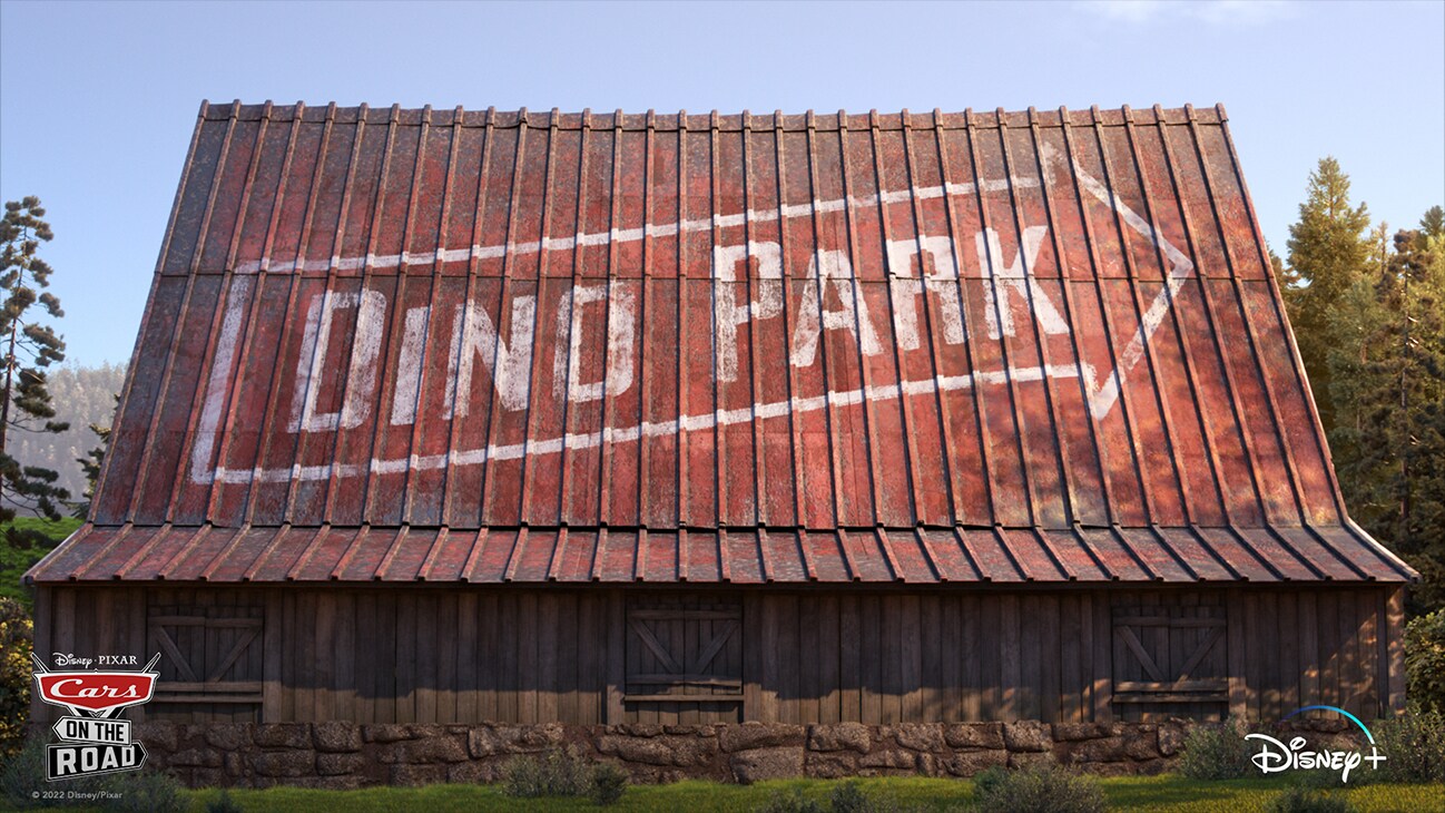 Disney•Pixar | Cars on the Road | "Dino Park" title card written on a rusty roof | Disney+