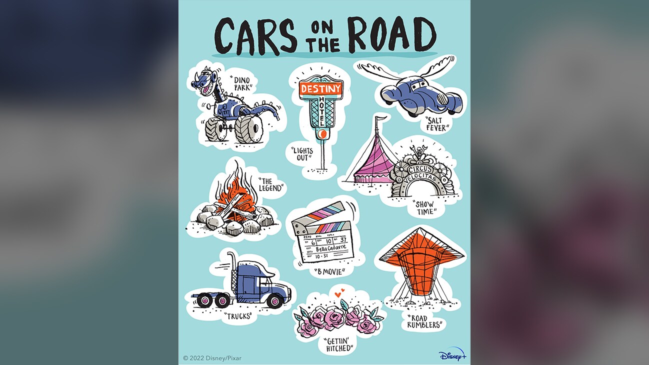 Icons of each episode from Disney•Pixar Cars on the Road with the titles "Dino Park", "The Legend", "Trucks", "Lights Out", B Movie", "Gettin' Hitched", "Salt Fever", "Show Time", and "Road Rumblers'. ©Disney/Pixar | Disney+ 